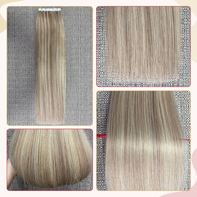 Nastro per estensioni dei capelli umani Moresoo in Remy Ash Blonde Highlight Hair estensioni dei capelli lisci setosi nastro reale al 100% nei capelli umani Moresoo Nastro di Estensioni dei Capelli Umani in Remy Ash Bi