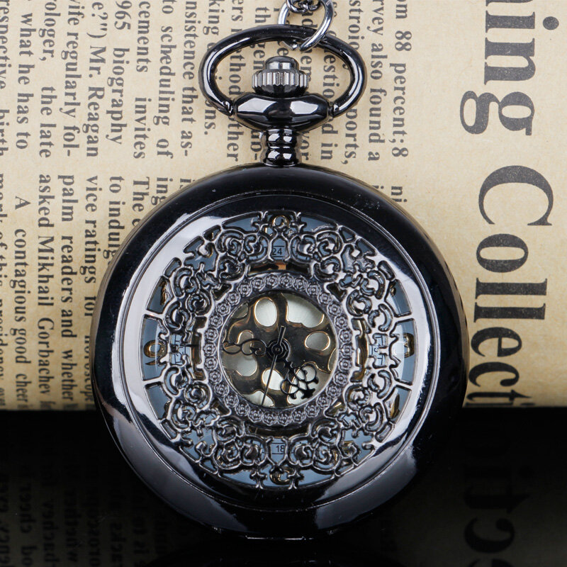 นาฬิกาควอทซ์สีดำแบบกลวงย้อนยุคสร้อยคอจี้มาใหม่ล่าสุดของขวัญแบบสบายๆสำหรับทุกเพศ