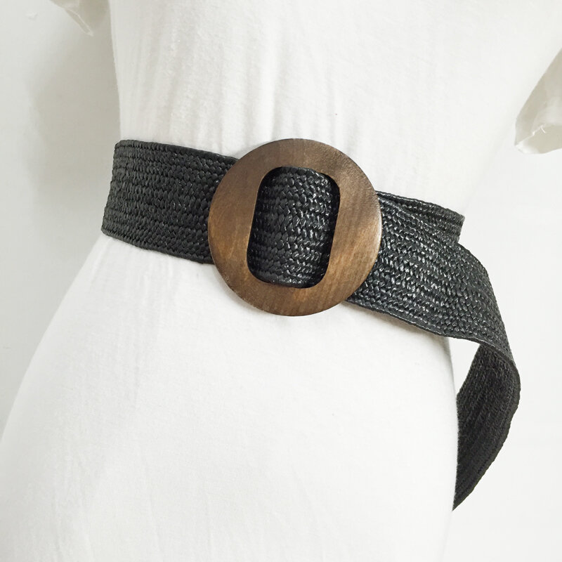 Cinturón ancho de goma para mujer, cinturón ancho elástico con hebilla redonda de madera a la moda, decorativo con pretina informal