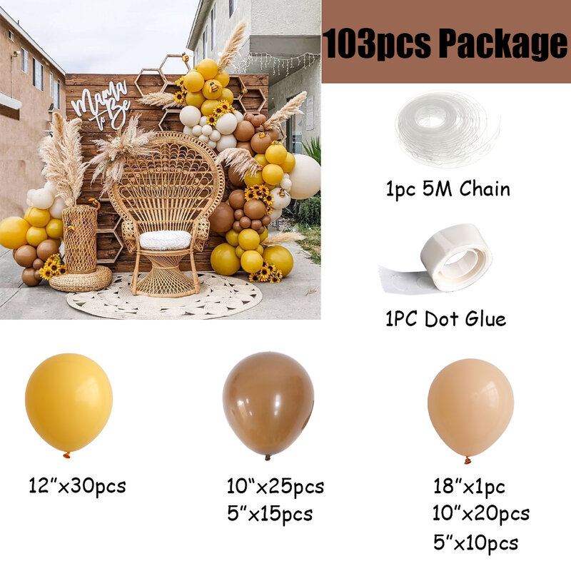 103 Buah Karamel Balon Kopi Karangan Bunga Lengkungan Kit Balon Kuning Kasar Pernikahan Auturn Musim Dingin Ulang Tahun Pertama Dekorasi Pesta Baby Shower