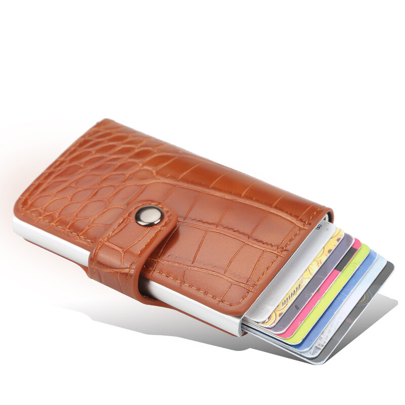 Pemegang kartu kredit Aluminium Aloi RFID, dompet kartu kulit PU untuk pria wanita, casing kartu Pop Up otomatis