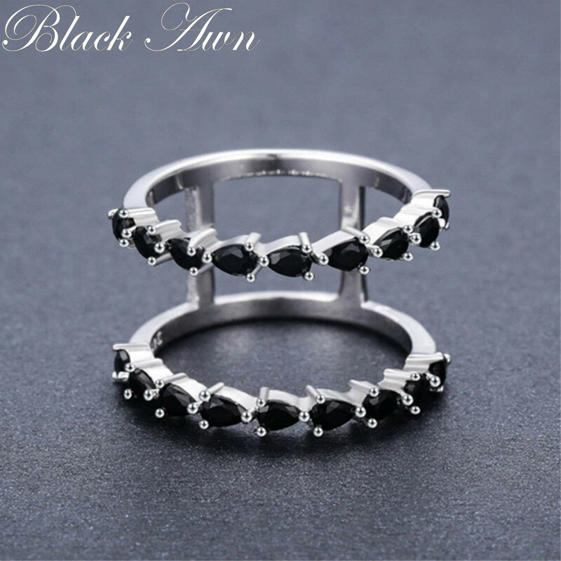 Hipérbole-anillo de compromiso de Plata de Ley 925 para mujer, joyería fina, hoja de espinela negra, bisutería, G002