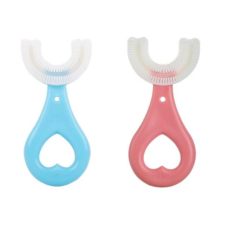 Cepillo de dientes en forma de U con mango de silicona para niños, cepillos de limpieza para el cuidado bucal, para bebés de 2 a 12 años