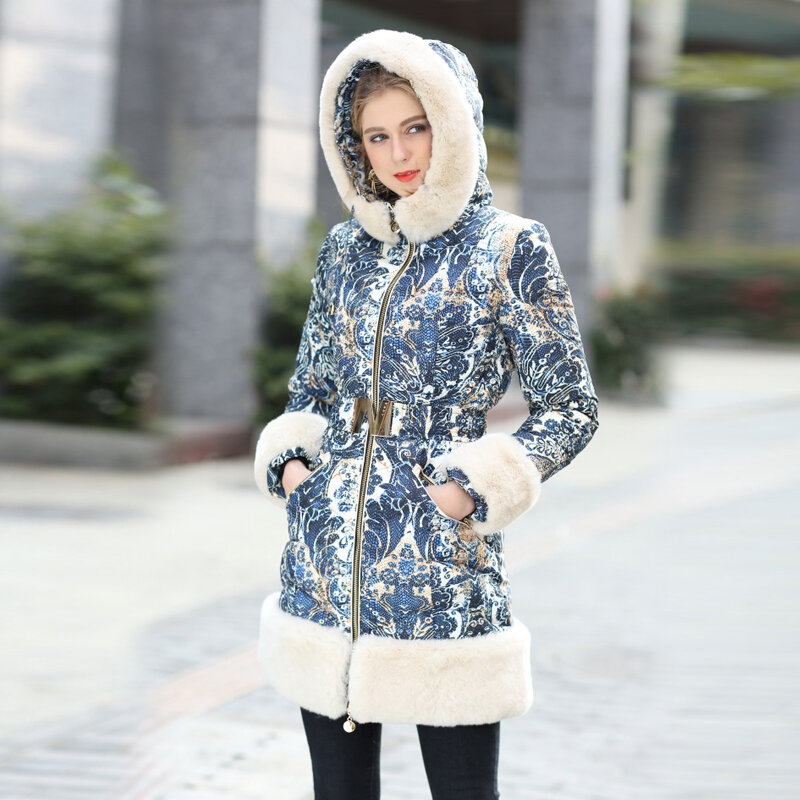 AYUNSUE piel de conejo Rex auténtica con capucha de las mujeres chaqueta de invierno abrigo mujer Floral grueso cálido pato abajo Parkas Abrigos 8677