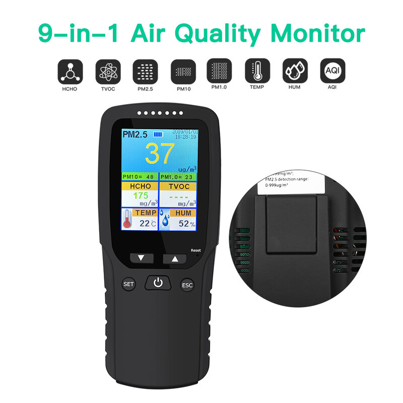 Tester di analisi della qualità dell'aria portatile interno/esterno DM106A strumento di misurazione dell'analizzatore del rivelatore di qualità dell'aria Smog/polvere/formaldeide