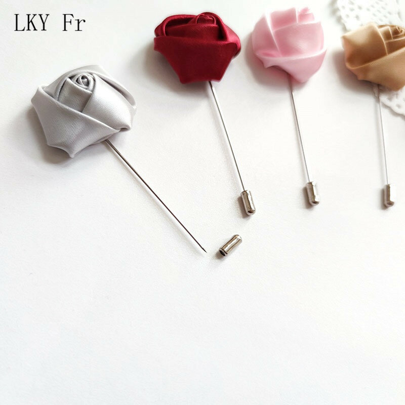 LKY Fr Boutonniere Pins Wedding Decoration Brooch Flowers Silk Ribbon Roses Red Corsage Buttonhole Marriage Men Suit Accessories