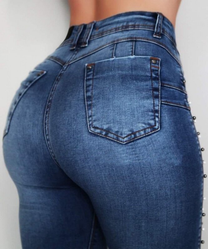Women high waist jeans Slim Skinny Elastic Denim jeans pants ladies Vintage Beading Push Up Pencil calca Jeans winter mom Jeans