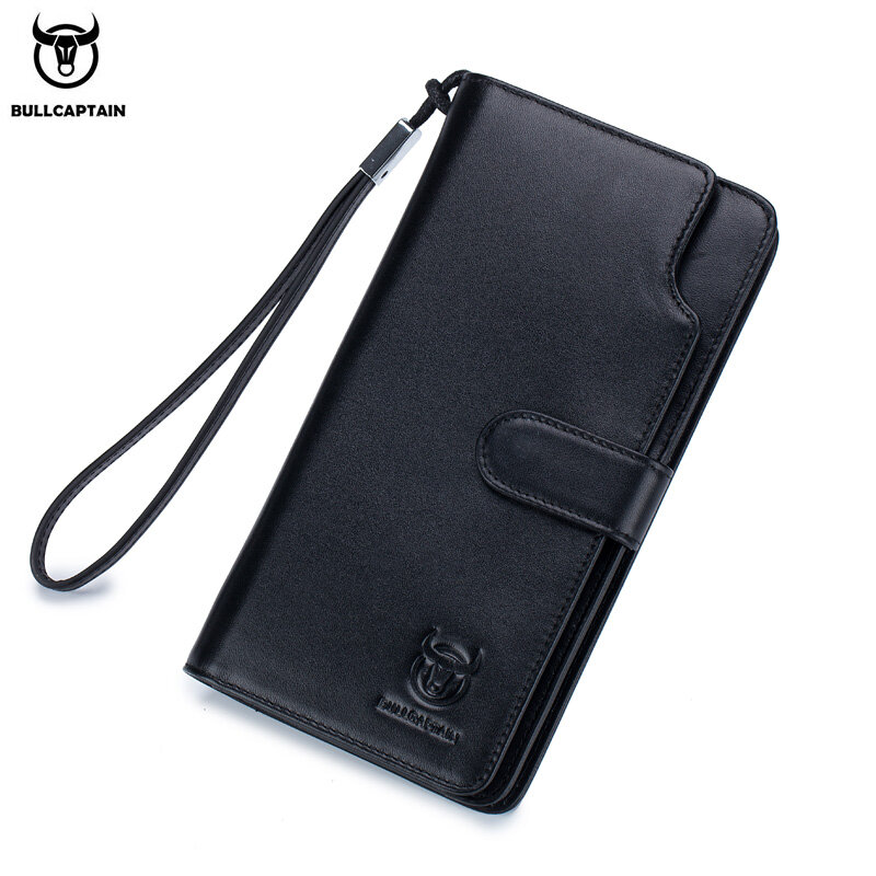 BULLCAPTAIN-cartera de cuero genuino con función RFID para hombre, bolso de mano móvil de 6,5 pulgadas, cartera larga con varias tarjetas de alta calidad