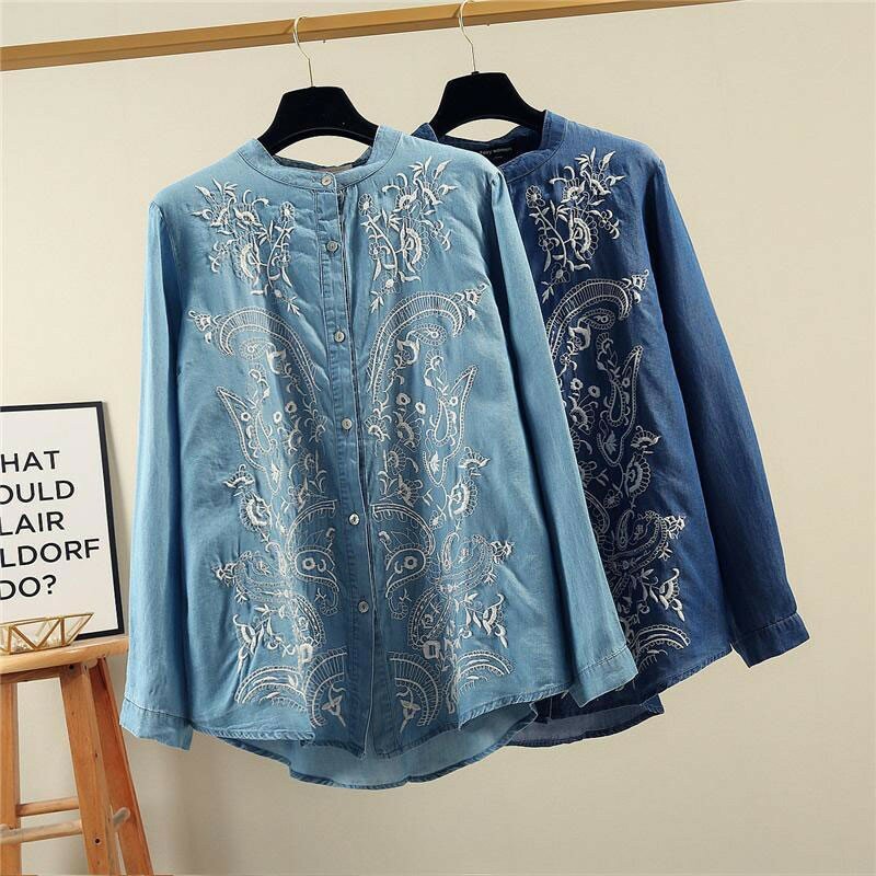 2020 Spring New Arts Style Women Long Sleeve Stand Collar Loose Shirts Vintage Embroidery Cotton Denim Blouses Femme Tops V34