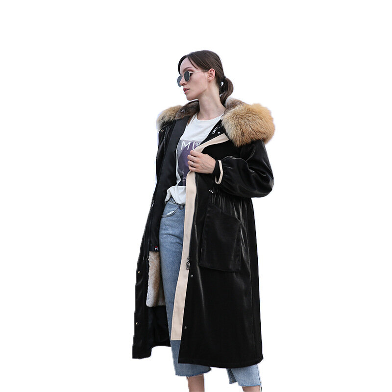 Coat Winter Real Fur Female Natural Rabbit Fur Liner Jacket Large Fox Fur Hooded Clothes 2021 Korean Warm X-Long Coat 006