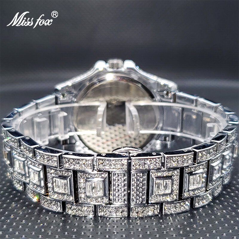 Gelo para fora relógio para casal missfox marca de luxo relógios diamante para o amante dropshipping nova data automática relogio masculino de luxo