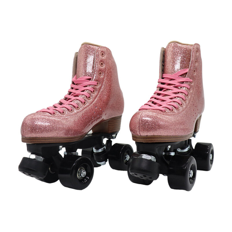 Женские Двухлинейные роликовые коньки, розовый квадроцикл, кожа из микрофибры, 4 колеса, спортивный патин, ботинки для катания на коньках, спортивные шестерни