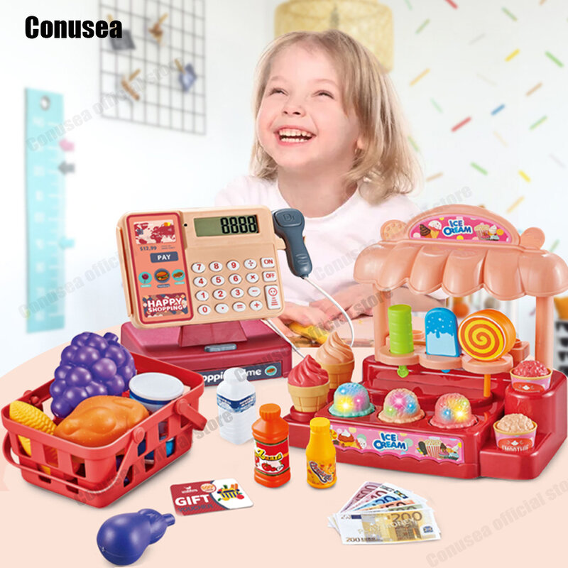 Kids' Simulation Cashier Toy, Caixa registadora, Calculadora, Children's Puzzle Play Toy, Loja de supermercado, Compras Cosplay Brinquedos, Menina, Menino