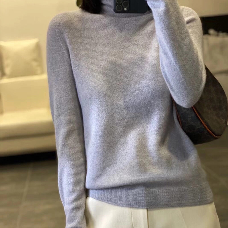 Свитер женский новый осенне-зимний Универсальный однотонный пуловер реглан с высоким воротом Топ из чистой шерсти с длинными рукавами корейская мода Базовый