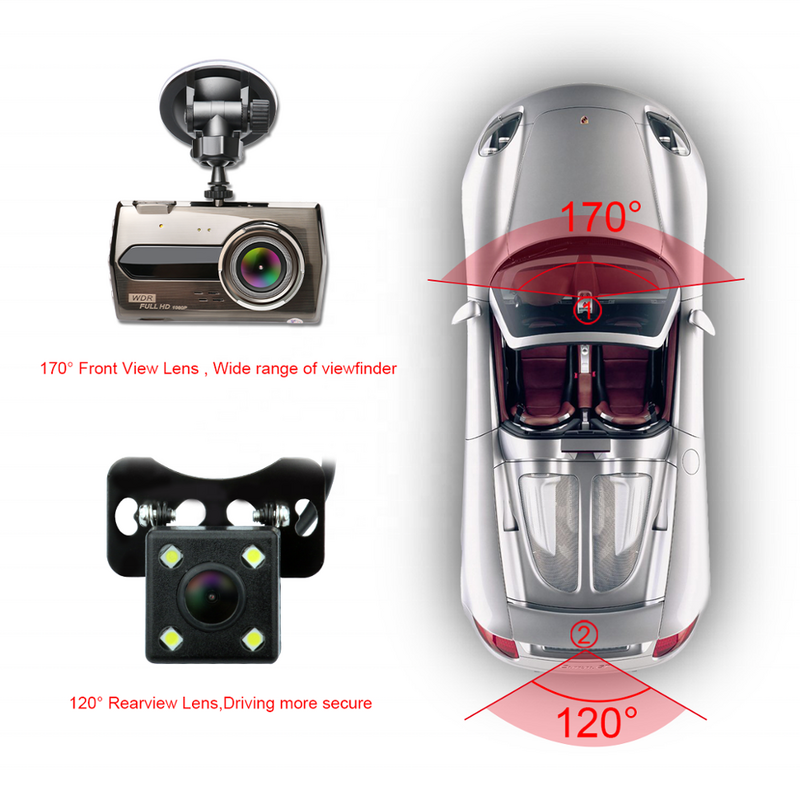 HD 4 인치 듀얼 렌즈 1920X1080P 숨겨진 광각 운전 레코더 대시 캠 듀얼 렌즈 자동차 DVR 카메라