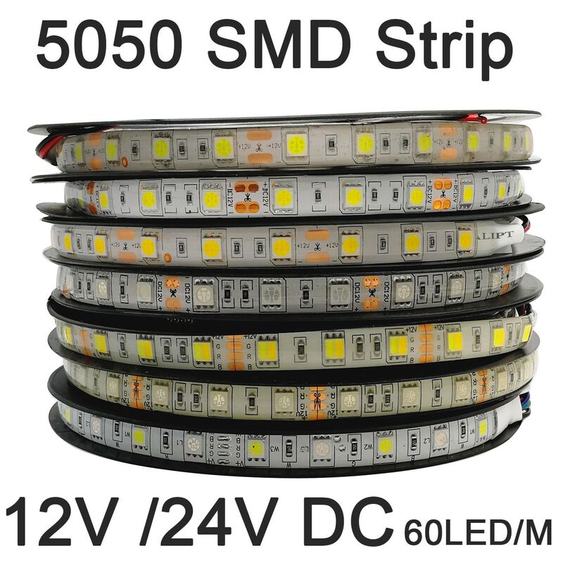 Decoração flexível Iluminação LED Strip, fita impermeável, RGB RGBW RGB CCT, branco quente, 60LEDs por m, SMD 5050, IP20, IP65, 5m, 12V, 24V