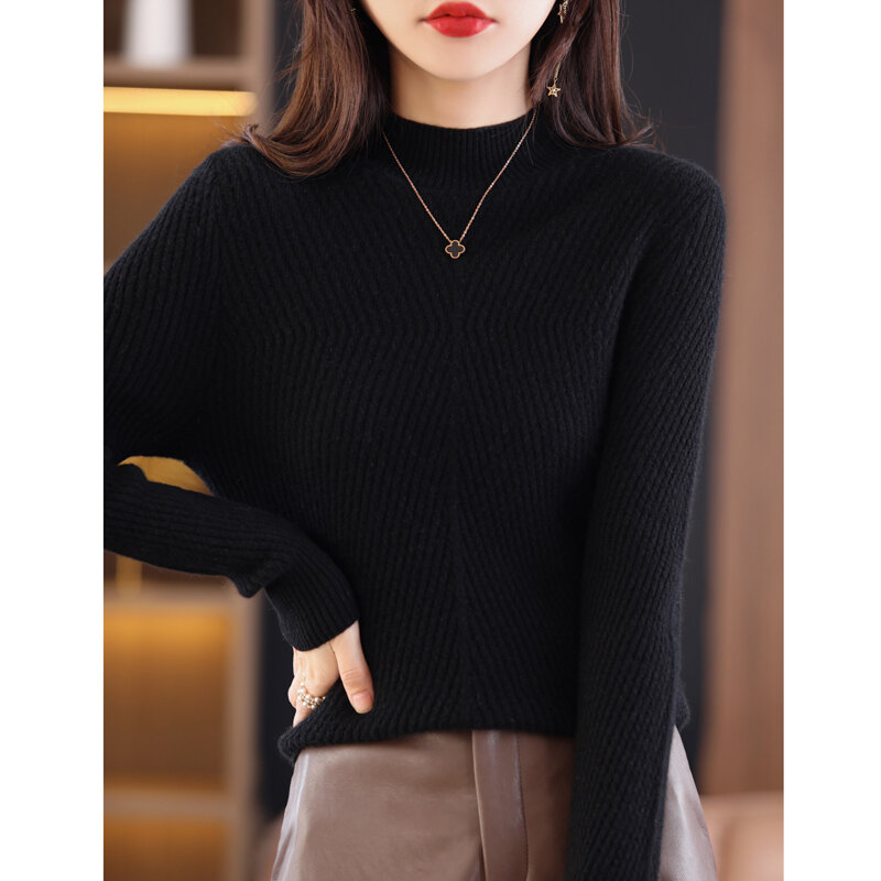 Suéter de cachemira a la moda para mujer, Jersey fino de lana pura que combina con todo, de media altura, Simple y suelto, novedad de invierno
