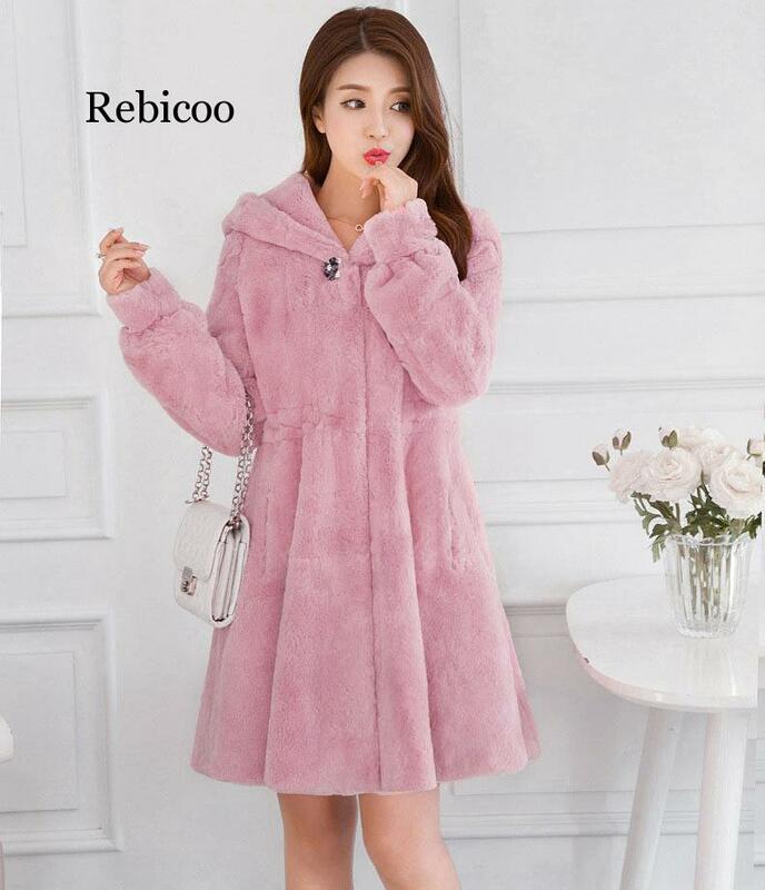 ยาว Hooded ฤดูหนาวเสื้อขนสัตว์แฟชั่นเกาหลีเลียนแบบกระต่ายผมบางฤดูใบไม้ร่วงสีเทา Coat Outwear 3XL Trench Big Fur