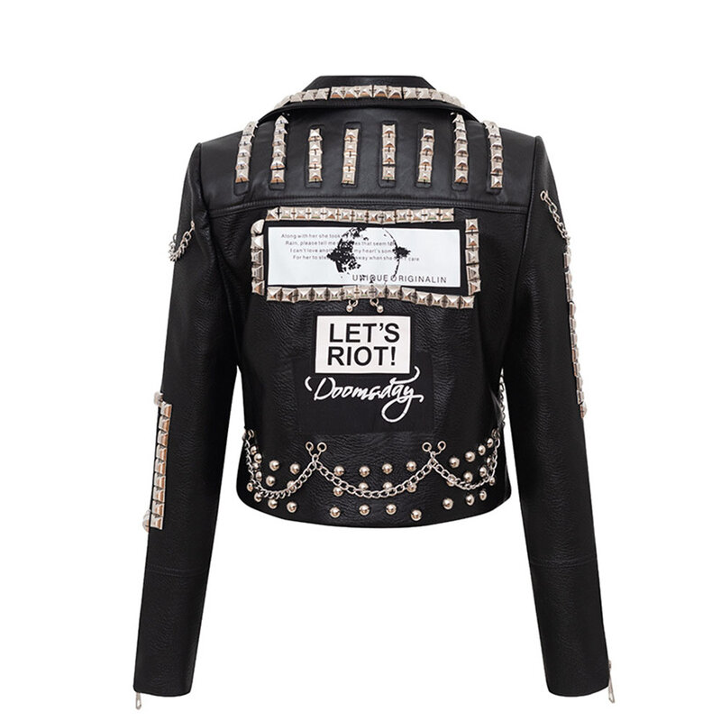 Куртка женская короткая с заклепками, приталенный мотоциклетный пиджак с принтом букв в стиле панк, короткая верхняя одежда из искусственной кожи с заклепками