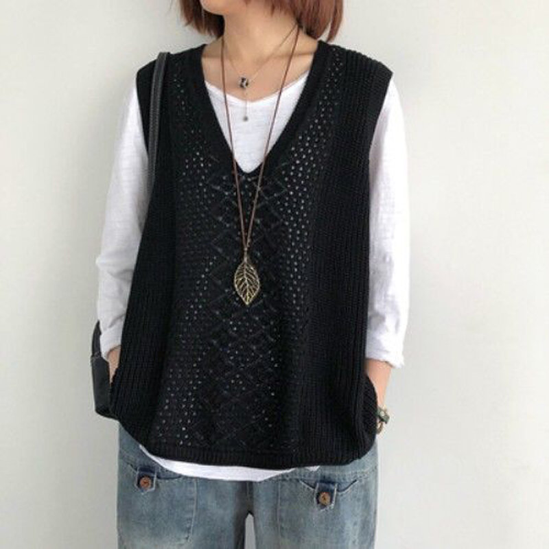 Womens Hollow Knit Sleeveless Vest Loose Knitted Vest Sweater Jumper Tank Top Autumn Female Waistcoat Chic Tops
