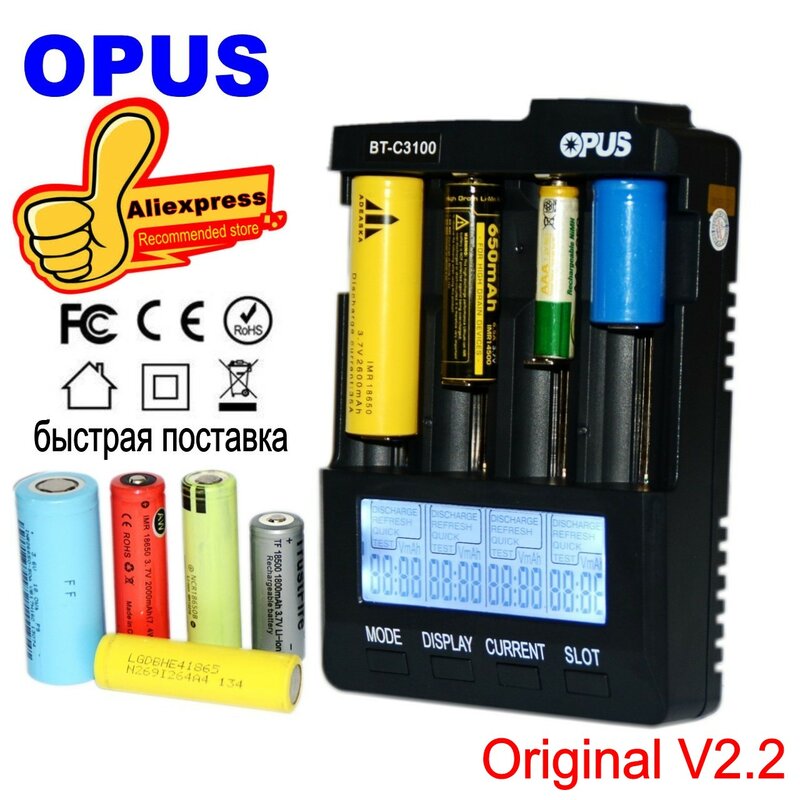 OPUS-Cargador de batería BT-C3100 inteligente, digital, LCD, con 4 ranuras para baterías recargables 10440, 18650, iones de litio, NiCd, NiMH, AA