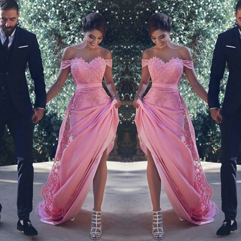 섹시한 오프 숄더 신부 들러리 드레스 긴 레이스 아플리케 라인 웨딩 게스트 드레스, 핑크 하녀 드레스 저렴한
