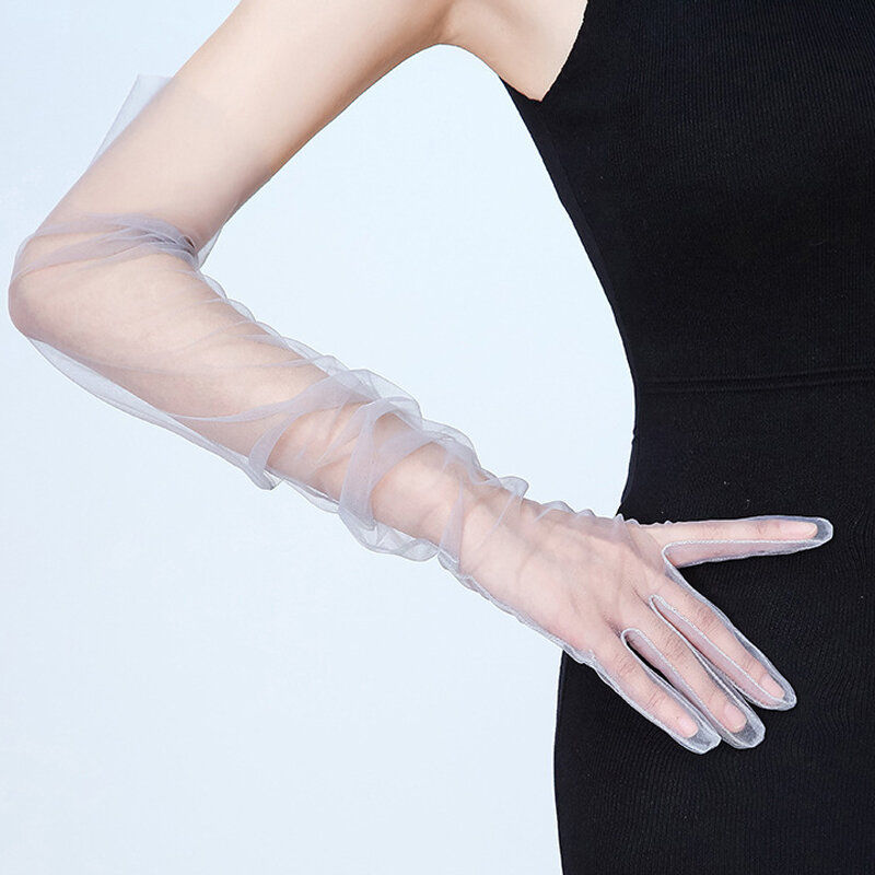 55CM Sexy czarne przezroczysty jedwab rękawiczki dla kobiet lato cienka, długa Muti kolory gaza jazda z filtrem przeciwsłonecznym damskie GL0453
