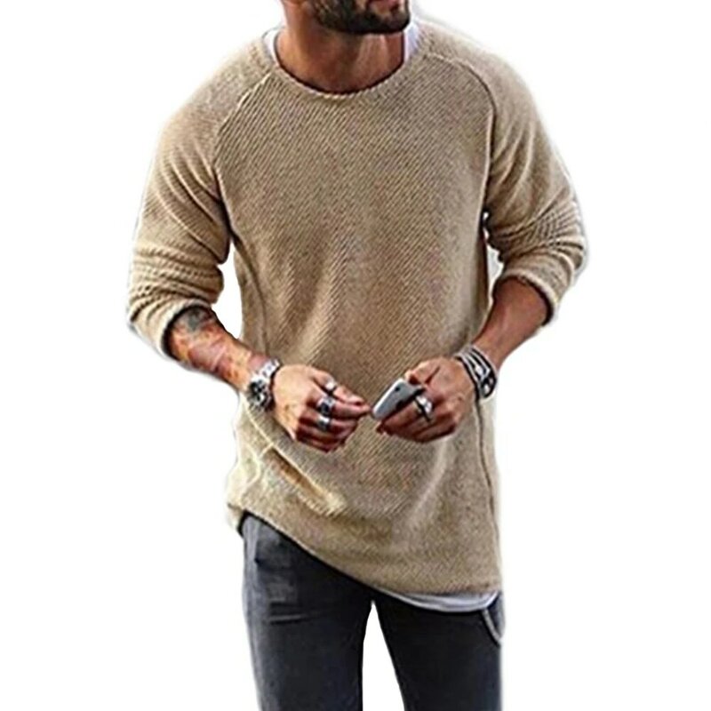 Мужской повседневный Однотонный свитер, трикотажная рубашка с круглым вырезом и длинным рукавом, пуловер, Топ