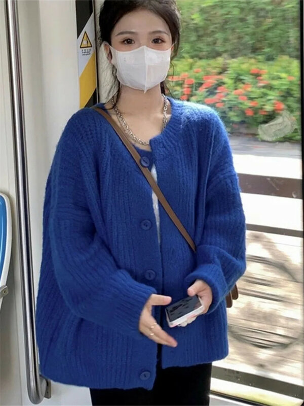 Cárdigans Vintage para mujer, suéteres de manga larga con botonadura única, abrigos holgados coreanos con cuello redondo para primavera y otoño, 2022