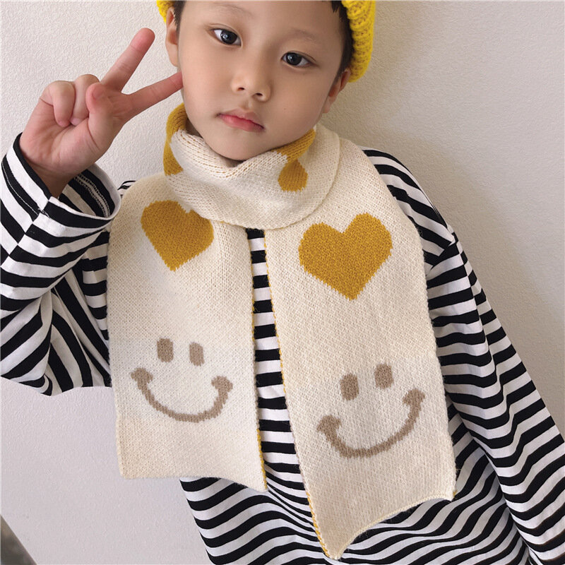 Outono inverno crianças quente longo tricô cachecol para meninas meninos coreano novo grosso smiley amor padrão dos desenhos animados lenços de lã crianças