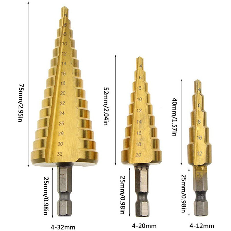 3-12 / 4-12 / 4-20 / 4-32mm HSS Straight Groove Step Broca Conjunto de ferramentas de perfuração do cone do cortador de metal de madeira revestida de titânio