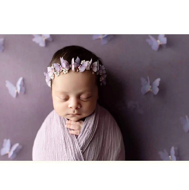 Tiara para meninas recém-nascidas, acessório de cabelo de flor borboleta e pérola, adereços para fotos