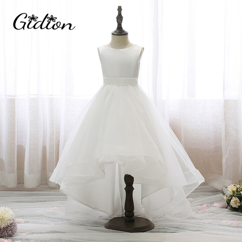 Assimétrico cetim flor menina vestido para crianças, casamento, aniversário, festa noturna, primeira comunhão, concurso, banquete, baile, cerimônia, baile de formatura