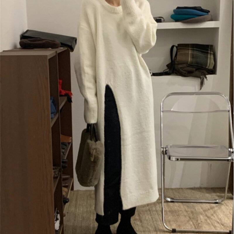 Suéter de punto de moda para mujer, Jersey largo liso con abertura lateral, vestido elegante para oficina, otoño e invierno, 2022