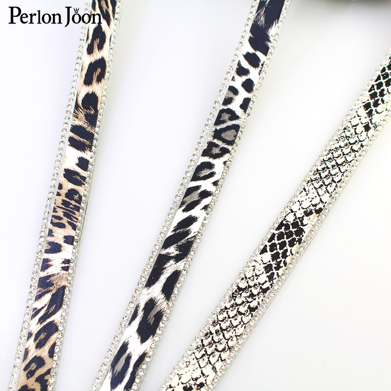 1 yard Leopard Python printing Leather hot fix tape ribbon crystal rhinestone decoration iron on shoes clothing accessories