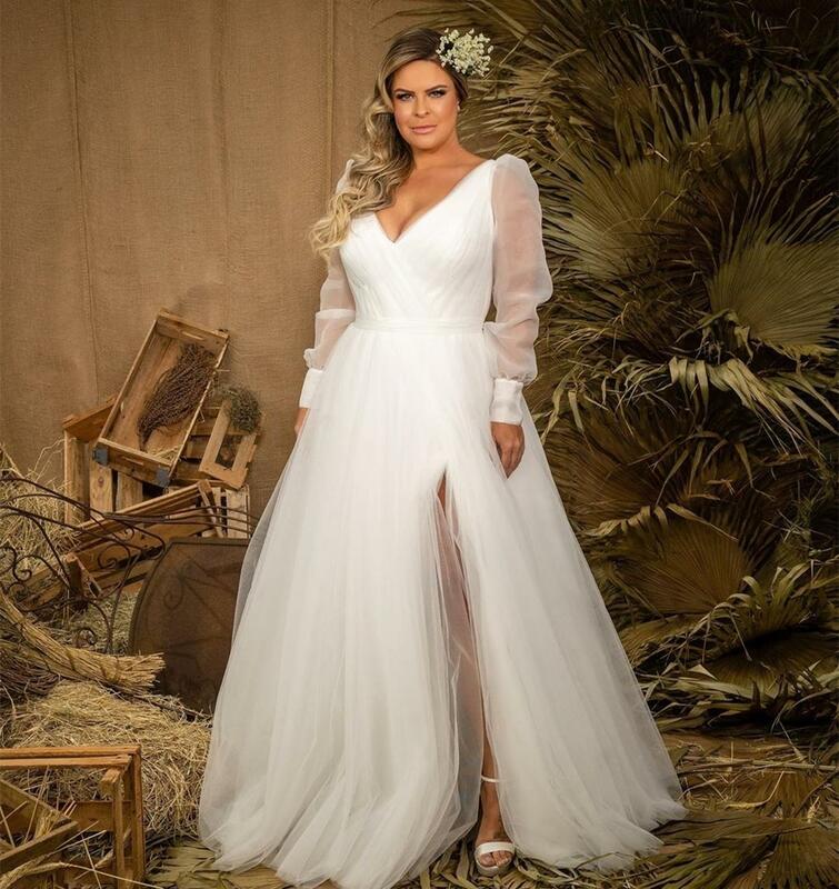 LSYX-vestido de novia de talla grande, manga larga, abertura lateral, largo hasta el suelo, tul blanco, plisado, elegante