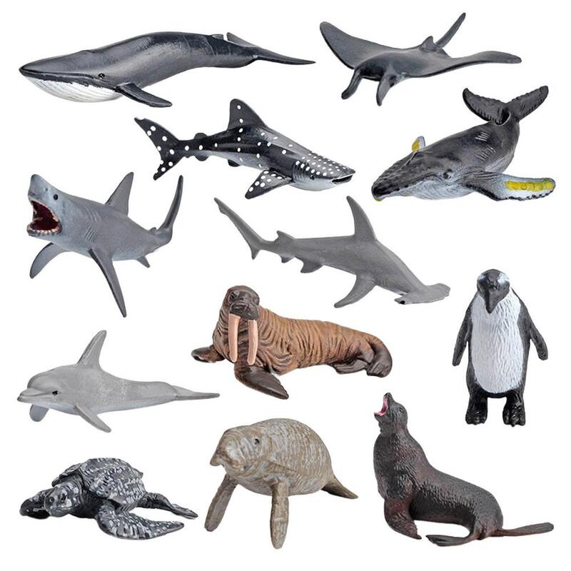 海の動物のおもちゃ,リアルな海のモデル,12の置物のセット,大規模な白いサメイルカ