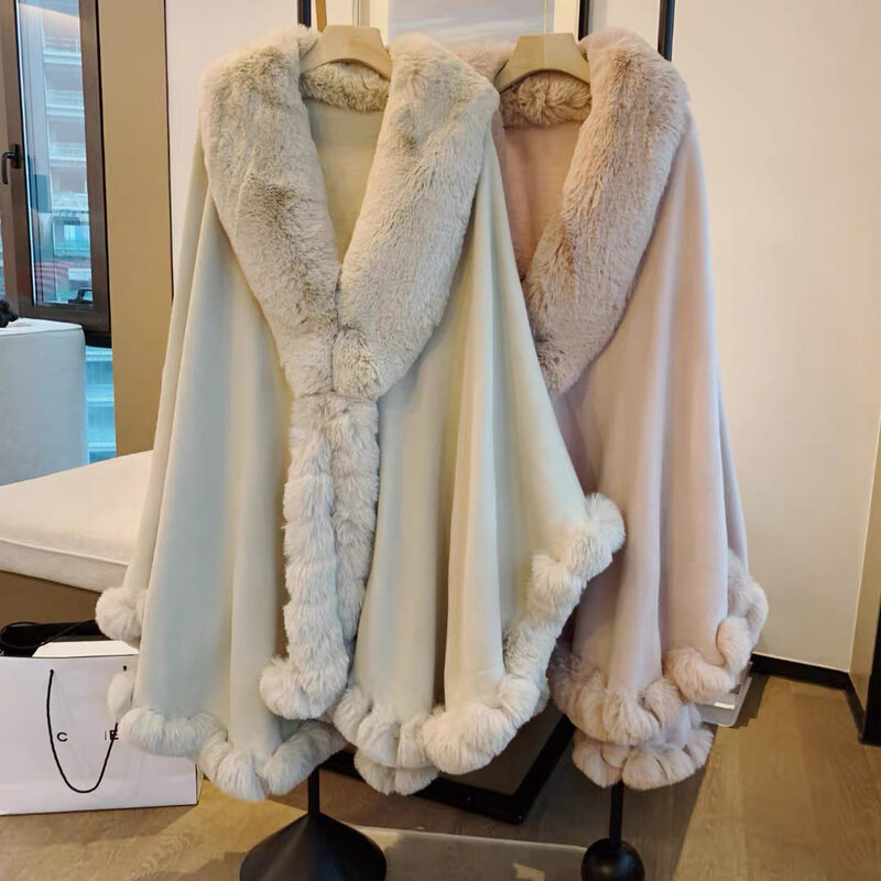 Elegant V Lapel Faux Rex Rabbit Fur Coat Cape Winter Women Big Long Shawl Full Trim Fur Knit Cloak Overcoat Parka 2023 New