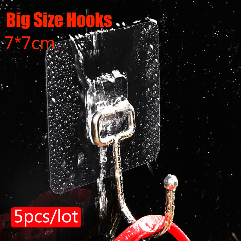 5Pcs Большой размер Прозрачный Прочный самоклеющиеся двери настенные вешалки, крючки, станок и всасывания тяжелой нагрузки стеллаж для выста...