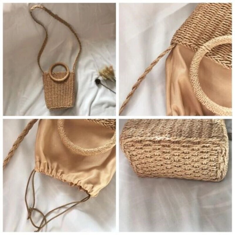 Bolsa de vime feminina feita à mão, bolsa de palha de vime