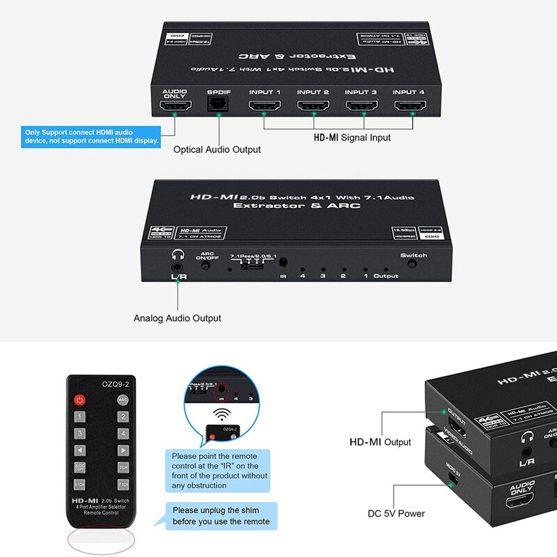 Ekstraktor dźwięku HDMI 4K HD-MI konwerter SPDIF 5.1 HD-MI na HD-MI do rozdzielacza RCA optyczny przełącznik TOSLINK cyfrowy 7.1 HD-MI Adapter