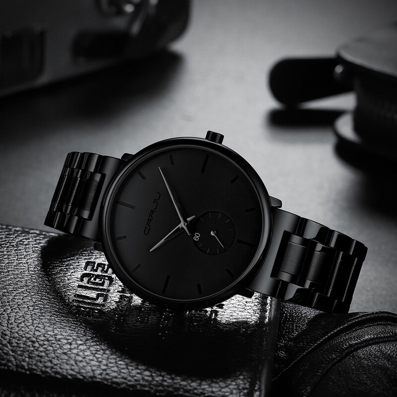 Watches for Men CRRJU Men's Fashion Black Stainless Steel Wrist Watch Waterproof Business Dress Watch for Men Relogio Masculino
