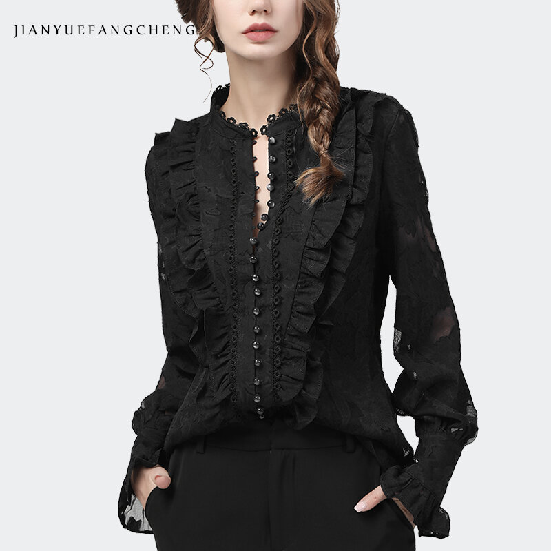 Flared Sleeve Lace Tops Women Autumn New Fashion Long Sleeved Ruffles Mesh Shirts Loose Plus Size Female Causal Office Blouses
