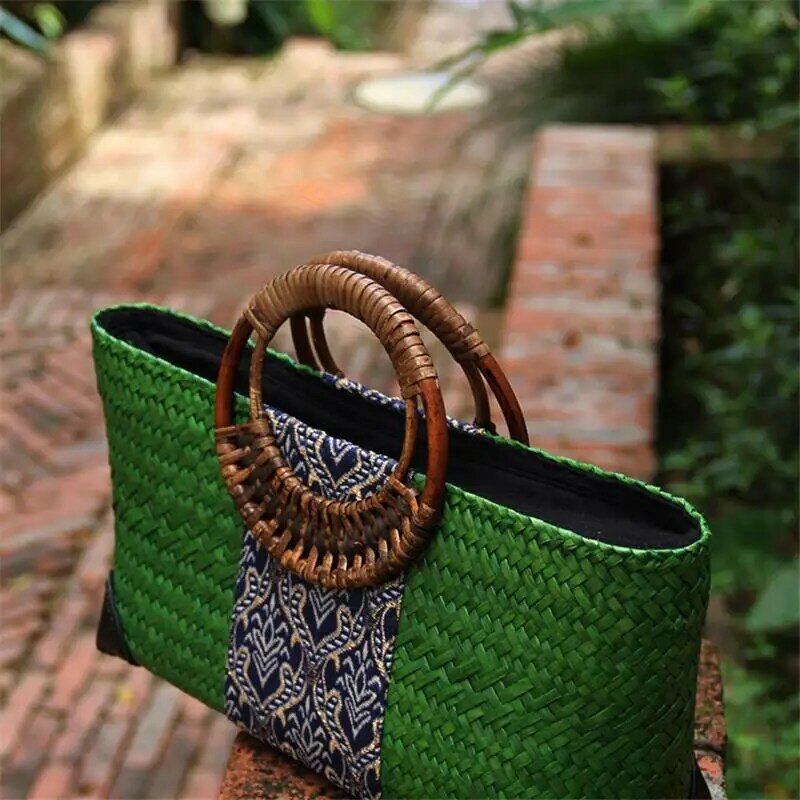 タイの手作り籐ハンドバッグ,ストロー,文学レトロ,a6113,32x16cm