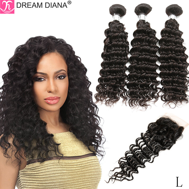DreamDiana-mechones de cabello humano malasio con ondas profundas y cierre, extensiones de cabello Remy, rizado, ombré, 100%