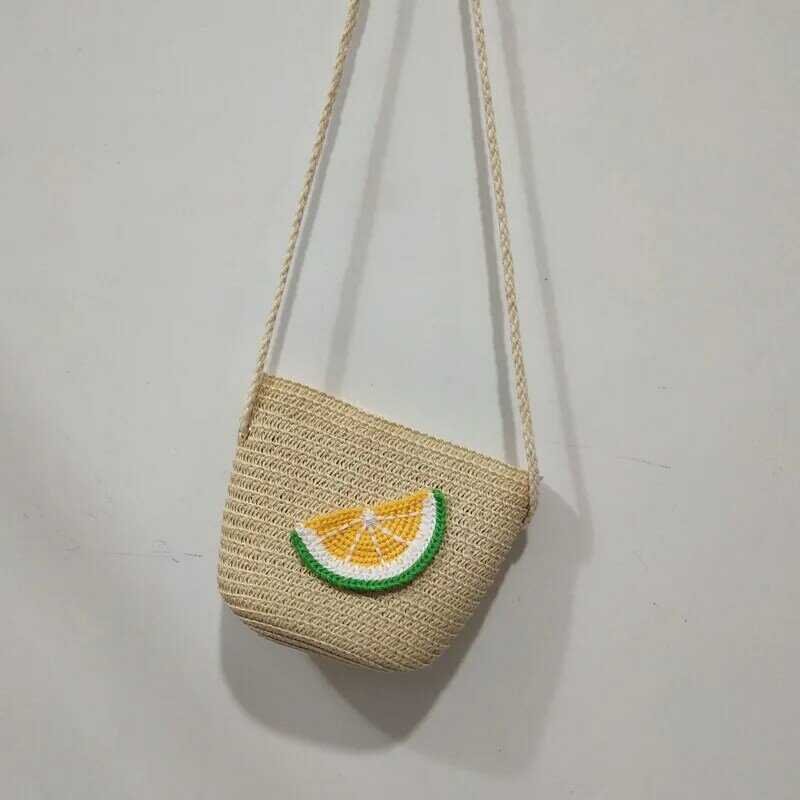 Mini bolsa de moedas de frutas, bolsa balde de palha e abacate para crianças, bolsa mensageiro infantil de tecido de frutas
