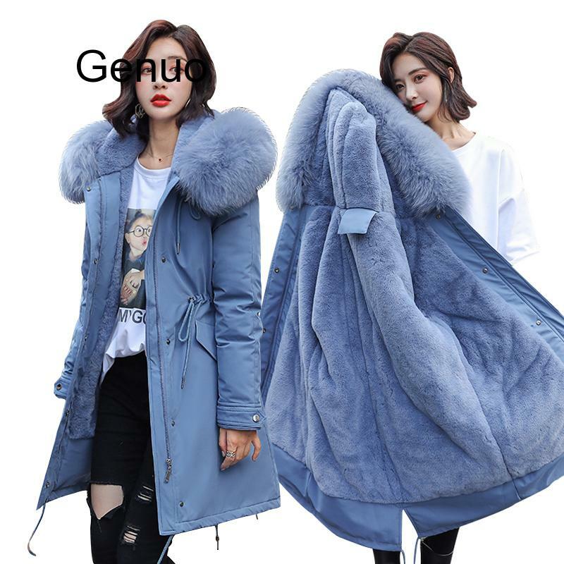 Casacos de inverno femininos, jaquetas de neve com gola de pele e capuz, secção grossa, quente, 30 graus, casaco de inverno