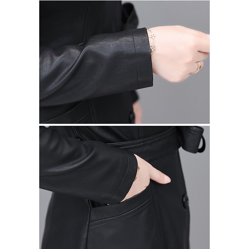 Autumn/Winter Leather Female Long Overcoat 2023 New Oversize 5XL Plus Cotton Windbreaker Women Warmth Slim Leather Coat Jacket