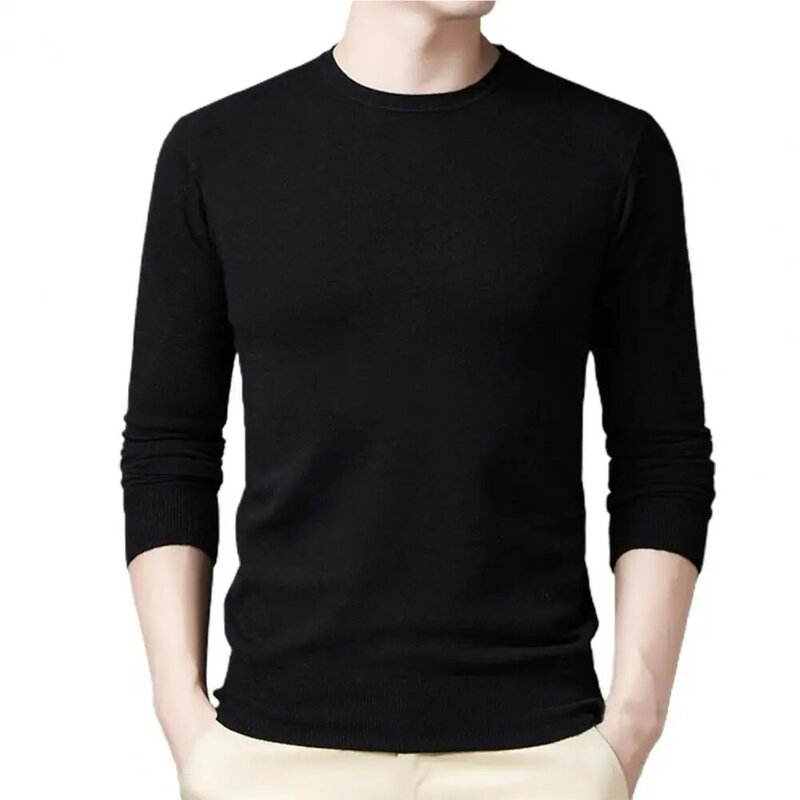 Pulover Pria Warna Solid Lengan Panjang Kaus Bottoming Pas Badan Leher-o Sederhana untuk Musim Gugur Musim Dingin