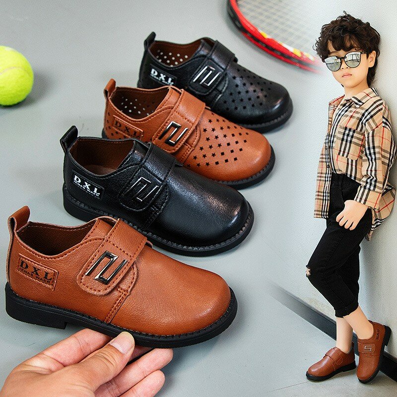 Leather Boys Shoes For Kids Wedding Party Black Dress School Children Shoes Moccasins Breathable Fashion Hollow Out Loafers New